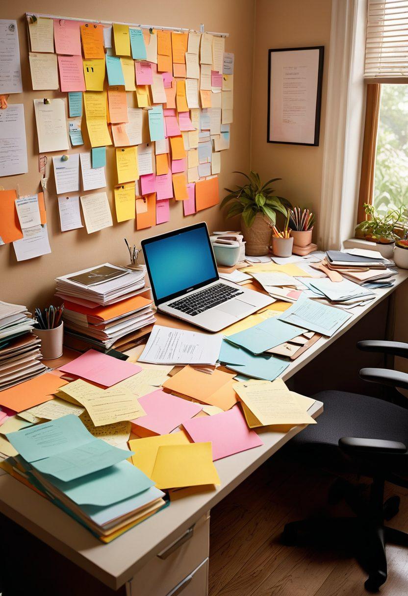 A serene workspace featuring neatly organized documents and digital devices, with a clear desk topped by colorful folders and sticky notes. In the background, a harmonious blend of chaotic papers transforming into a structured flowchart representing ‘Chaos to Clarity’. Include soothing colors and lighting to evoke a sense of calm and productivity. super-realistic. vibrant colors. soft focus.