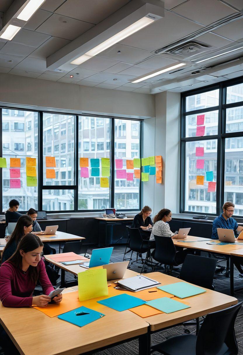 A vibrant digital workspace featuring a diverse group of people engaging in collaborative note-taking on sleek tablets and laptops. The scene is filled with colorful sticky notes, virtual whiteboards, and interactive charts, symbolizing creativity and teamwork. Bright natural light streams in through large windows, creating an inviting and warm atmosphere. Create a sense of energy and innovation in the image. hyper-realistic. vibrant colors. dynamic composition.