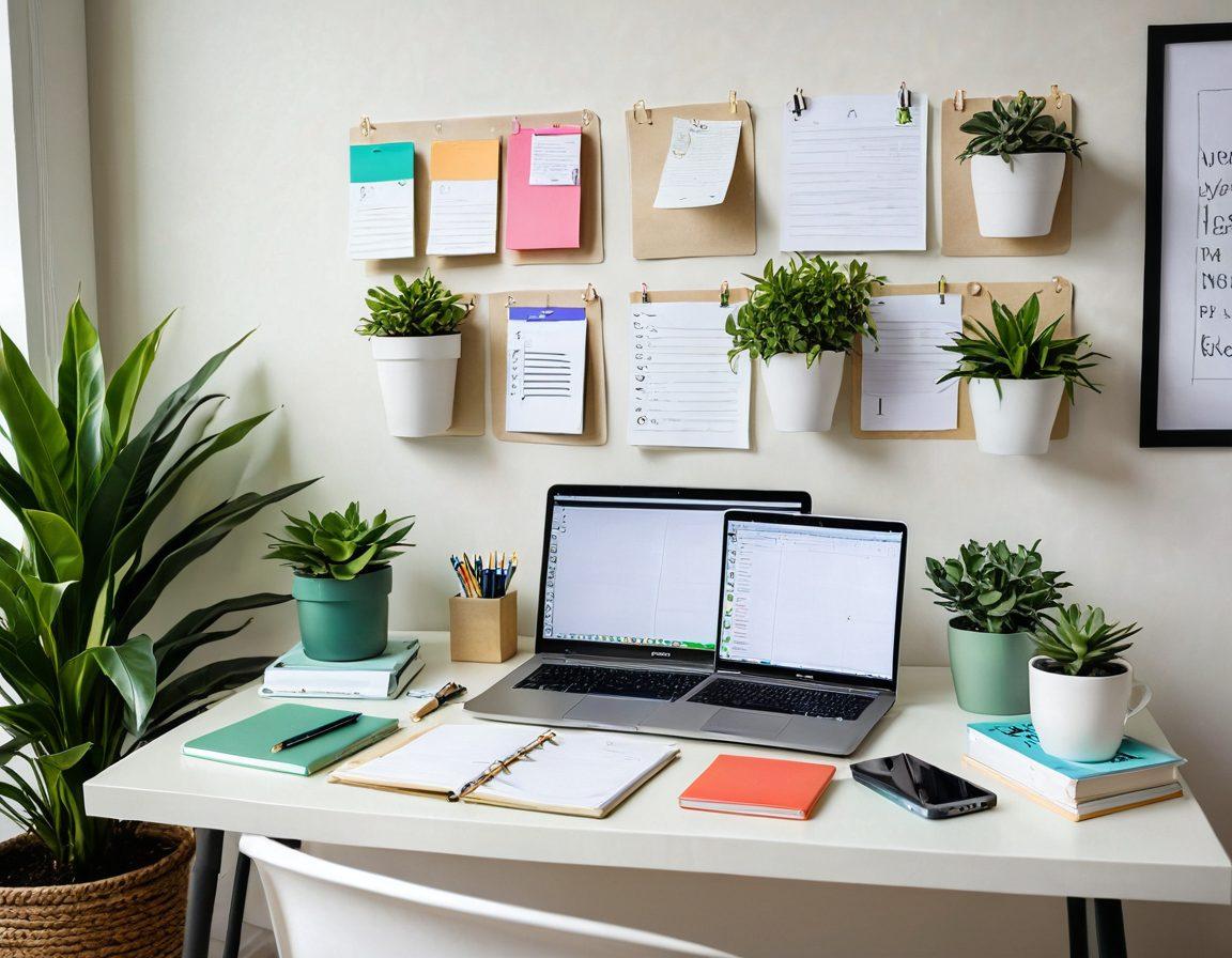 A serene study space featuring an aesthetically arranged desk with colorful intelligent binders, stacks of organized notes, and a laptop displaying a digital planner. Bright natural light streaming through a window, showcasing a green plant and motivational quotes on the wall. The atmosphere is calm and focused, emphasizing productivity and organization. super-realistic. vibrant colors. white background.